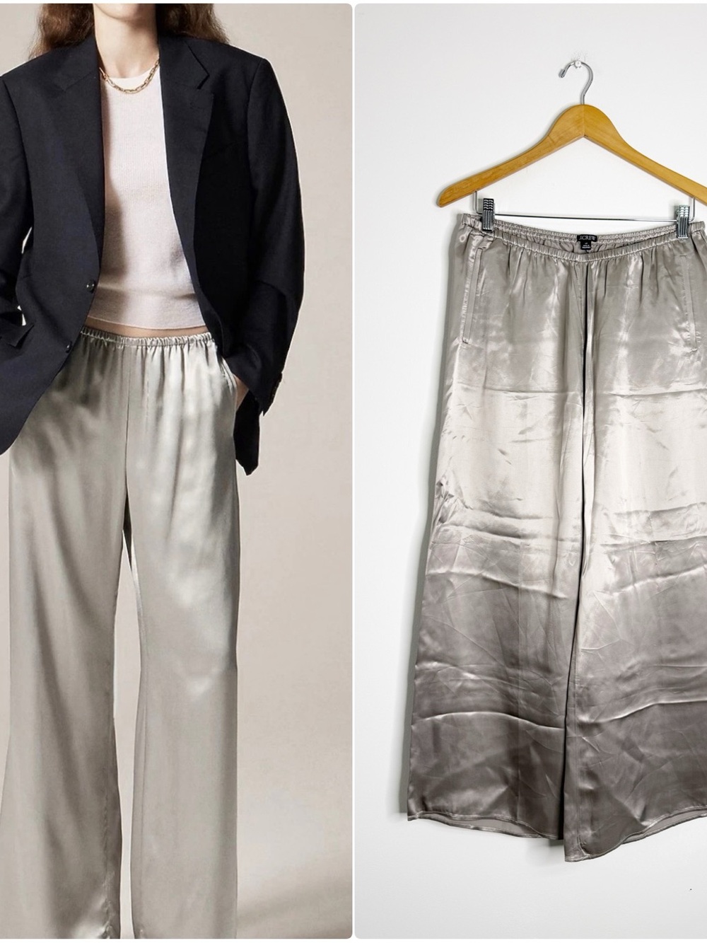 J.Crew Cosmo Pants Large Petite Silver Satin Wide Leg Pull On CN715
